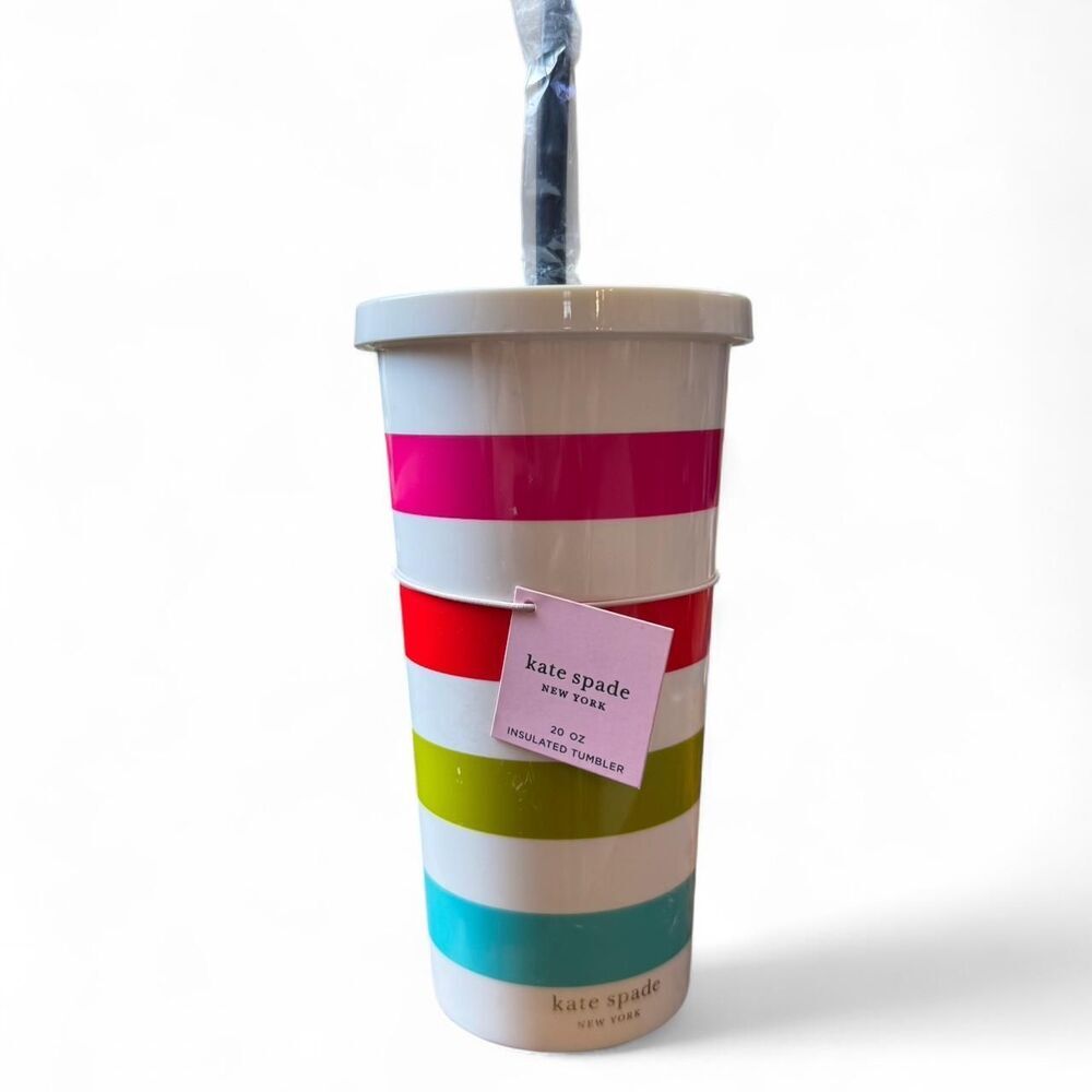Kate Spade New York Candy Stripe 20 oz Insulated Tumbler NWT With Lid & Straw